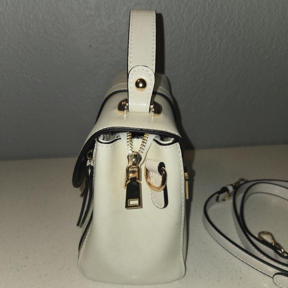 White Top-Handle Crossbody Bag with Gold Hardware - Picture 4 of 11